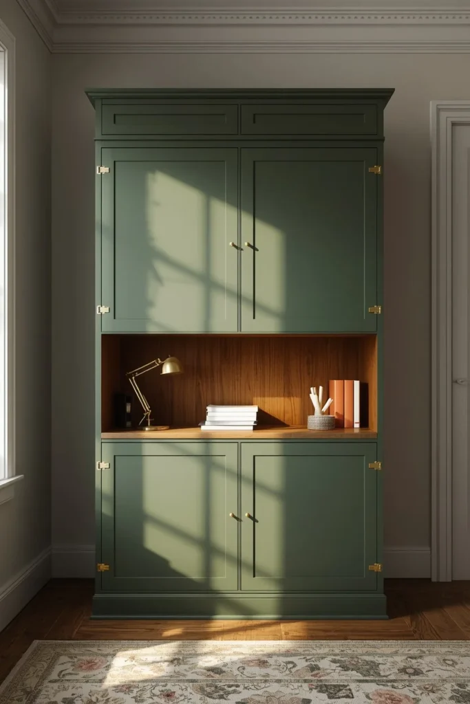 a hacked IKEA BILLY bookcase with flip-down cabinet doors