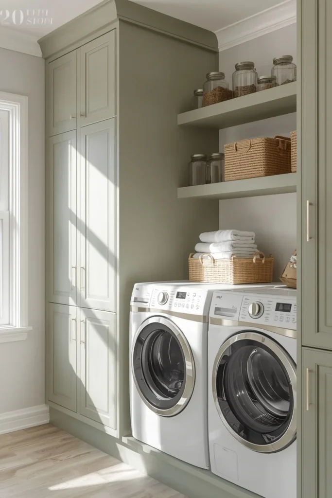 23 Laundry Room Design Ideas That Turn a Chore Space Into a Design Feature 3 laundry room cabinetry wall, featuring sage green shaker cabinets