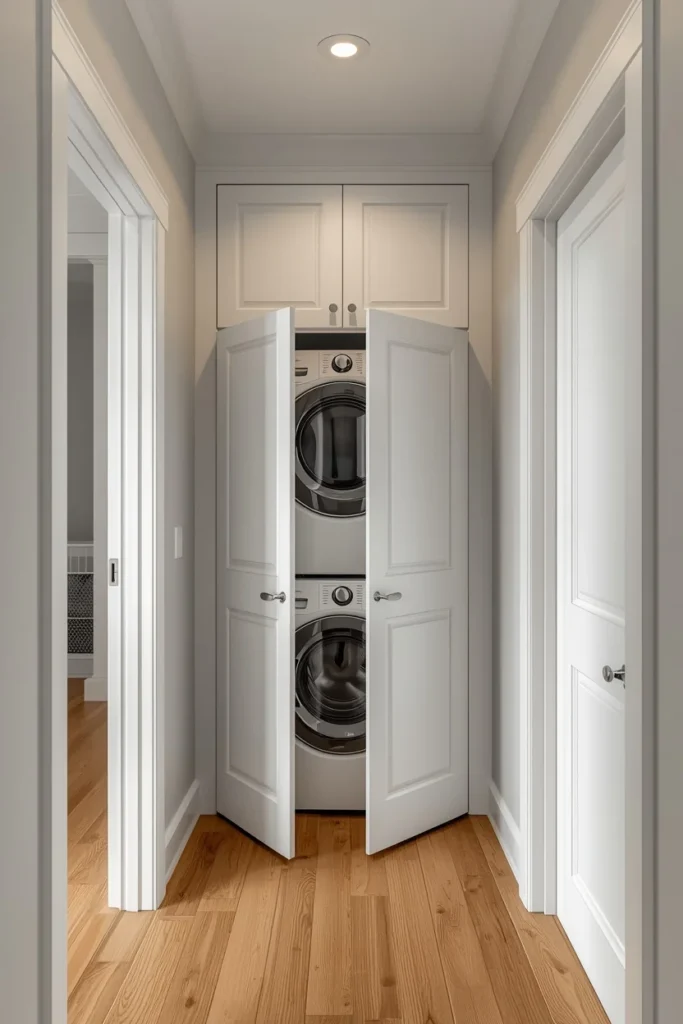 24 Laundry Room Ideas That Make the Most Dreaded Chore Actually Enjoyable 3 hallway laundry nook, featuring floor-to-ceiling white cabinetry
