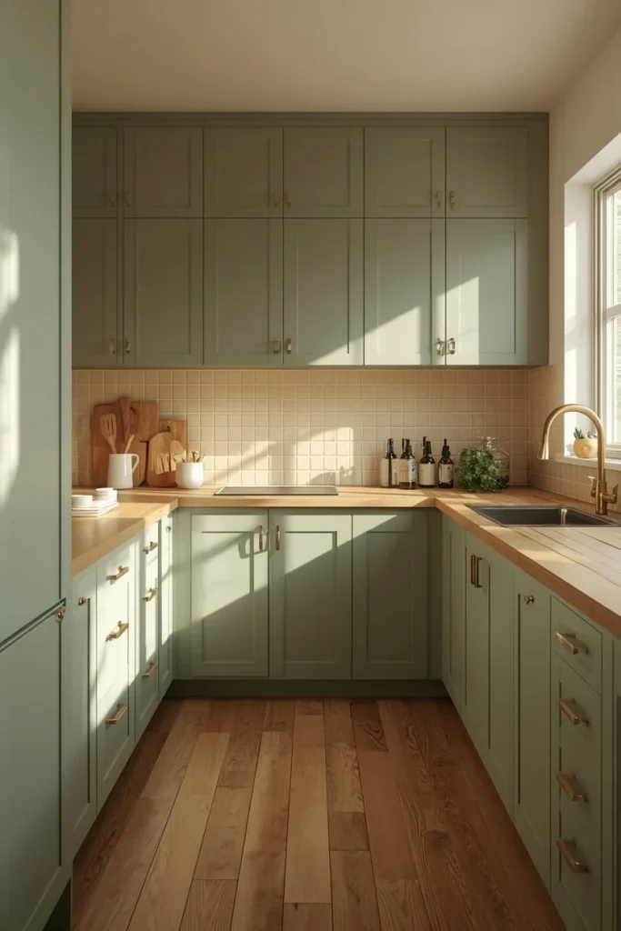 22 Mid Century Modern Kitchen Designs That Are Timeless & Stunning 3 mid century modern kitchen, featuring sage green flat-panel cabinetry