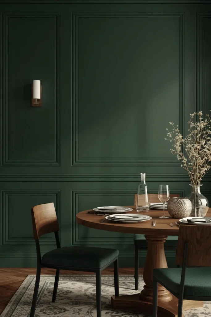 25 Modern Dining Room Ideas That Are Chic, Sleek & Totally Pin-Worthy 3 dining room, featuring a deep forest green paneled accent wall