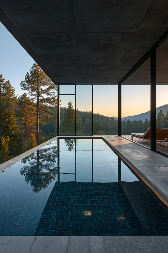 modern indoor infinity pool, charcoal-dark tile interior,