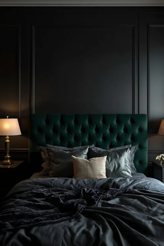 17 Moody Black Bedroom Ideas That Are Hauntingly Beautiful & Chic 3 bedroom, featuring a deep emerald velvet tufted headboard