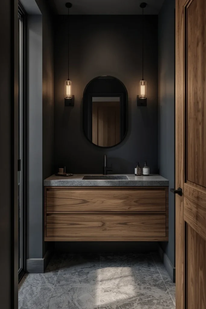 16 Moody Blue Bathroom Ideas That Feel Luxurious & Deeply Relaxing 3 Charcoal-Blue With a Warm Wood Vanity moody blue bathroom