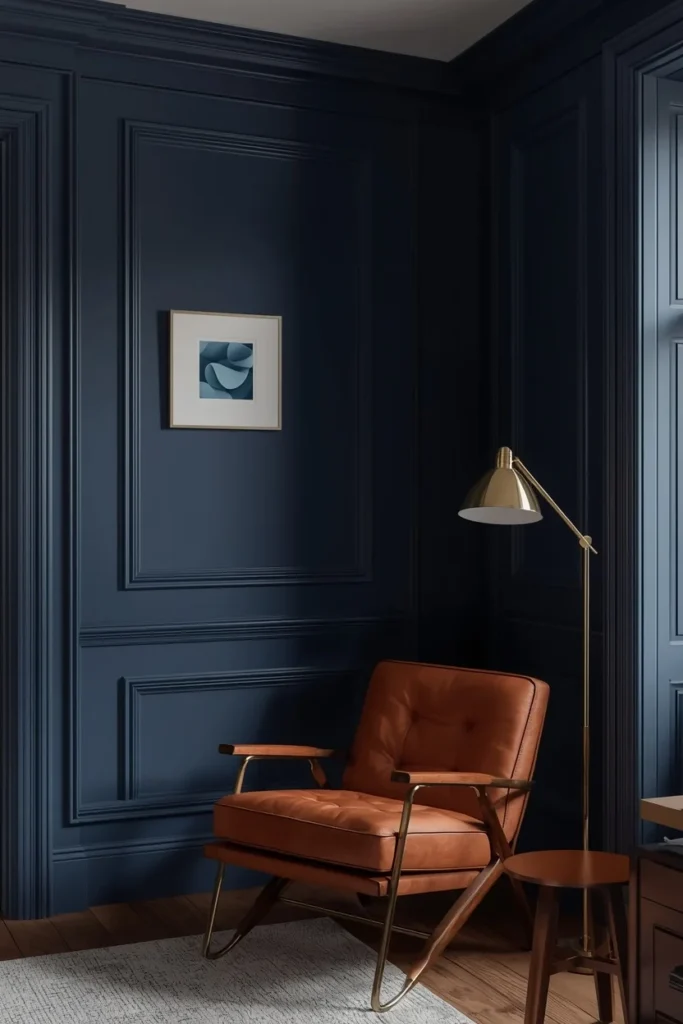 22 Moody Living Room Ideas That Are Rich, Dark & Incredibly Inviting 3 living room corner, featuring deep navy walls and matching painted trim