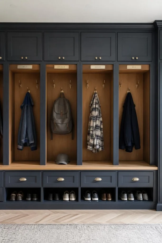 16 Mudroom Design Ideas That Make the Messiest Space in Your Home Look Amazing 2 row of full-height mudroom lockers in a two-tone navy and natural wood finish,