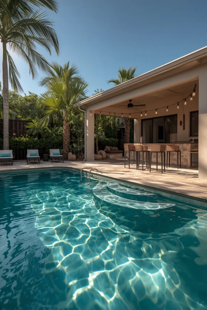 21 Pool House Ideas That Make Your Backyard Feel Like a Luxury Resort 3 backyard pool, featuring a swim-up bar with underwater stools