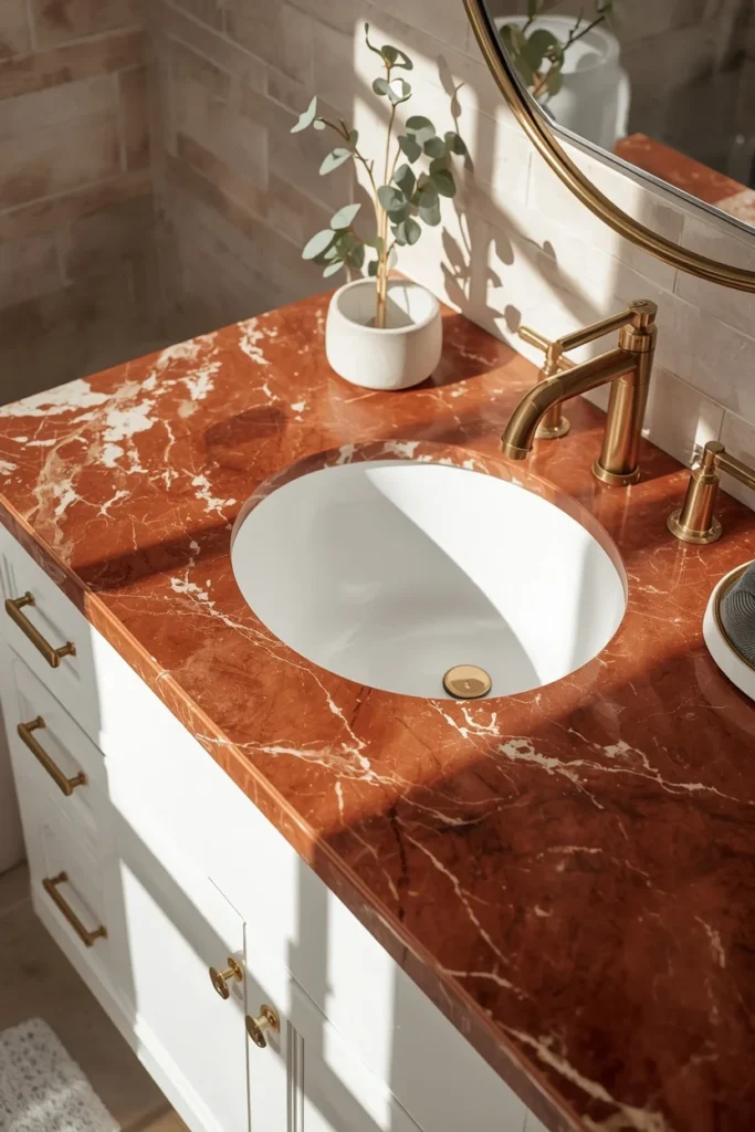 bathroom vanity area, featuring a polished red marble countertop