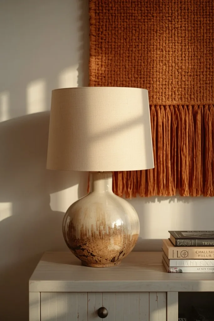 23 Rental Apartment Decor Ideas That Look Like You Actually Own the Place 3 apartment console table vignette, featuring a hand-thrown ceramic table lamp