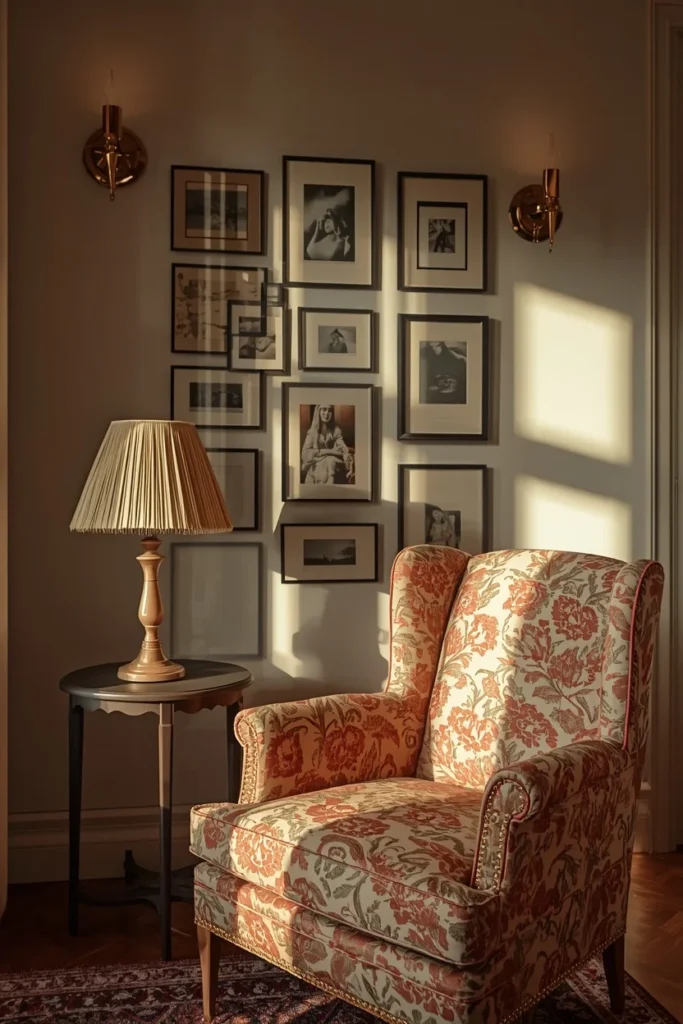 she shed lounge, featuring a chintz floral upholstered armchair