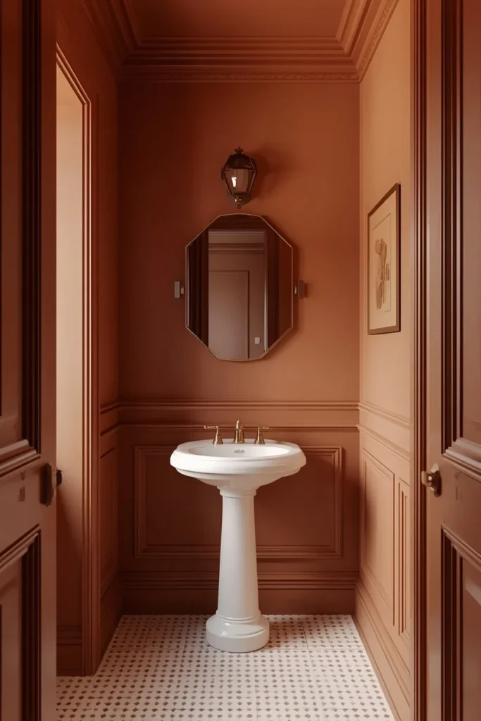 18 Small Bathroom Ideas That Pack Maximum Style Into Minimal Space 3 small bathroom, featuring walls, trim, and ceiling painted in one consistent muted terracotta tone,