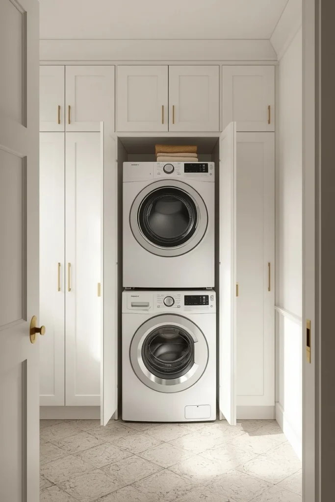 21 Small Laundry Room Ideas That Pack Function & Style Into Every Inch 3 small laundry room, featuring floor-to-ceiling white shaker cabinetry,