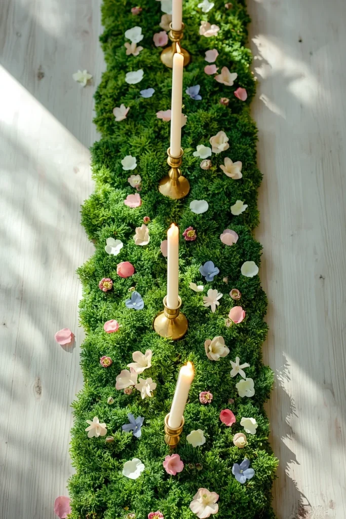 16 Spring Tablescape Ideas That Make Every Meal Feel Like a Garden Party 3 overhead shot of a spring table runner made of lush green preserved moss