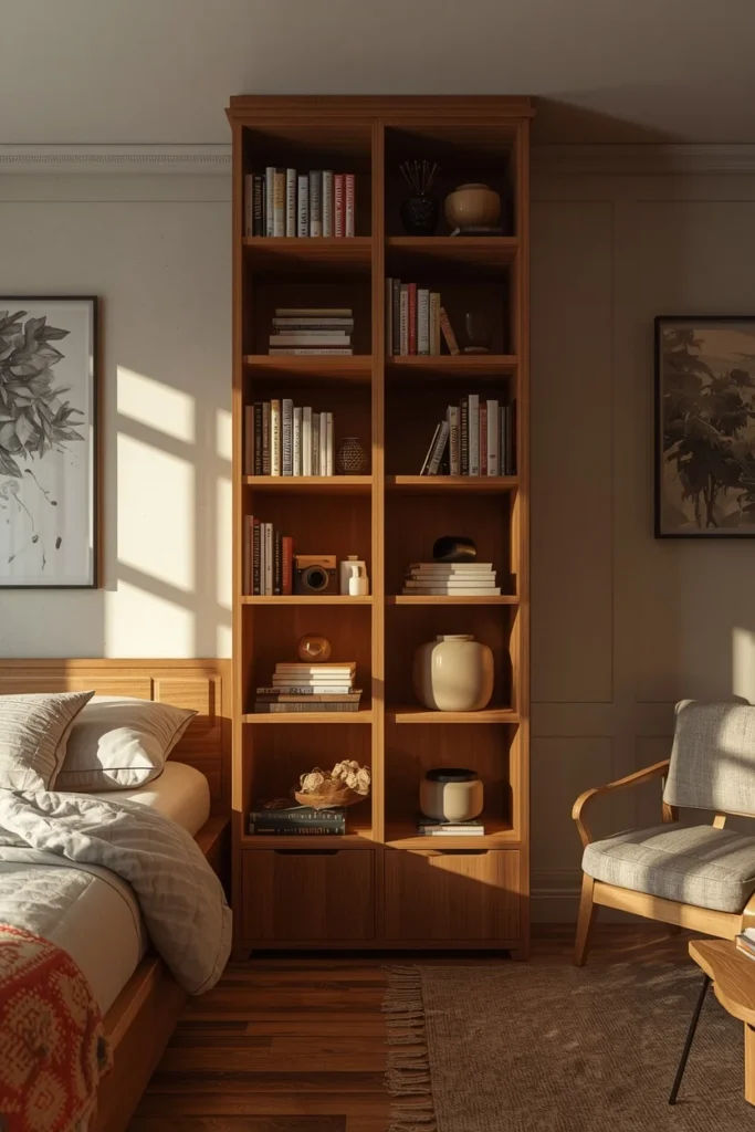 studio apartment, featuring a tall wooden bookshelf 