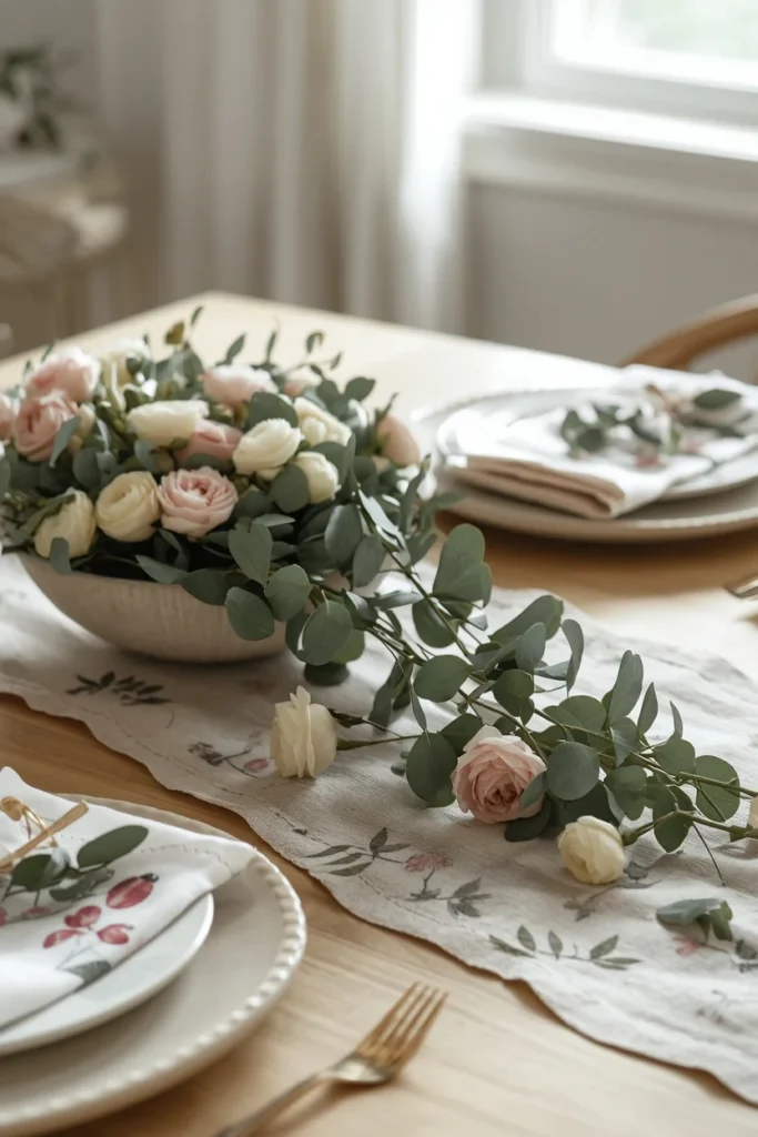dining table centerpiece close-up, featuring a low ceramic bowl 