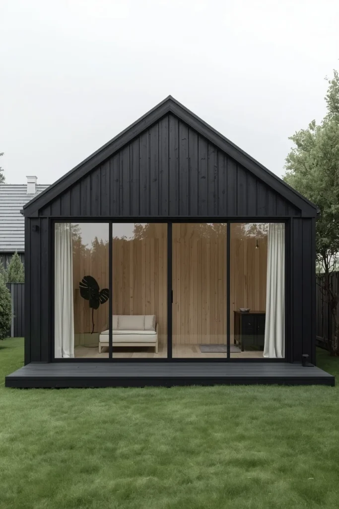 19 Summer House Ideas That Make Your Garden Feel Like a Vacation Destination 3 garden cabin, featuring a black timber-clad Scandinavian-style summer house