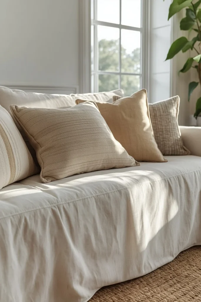  summer house living room, featuring a soft white slipcovered linen sofa