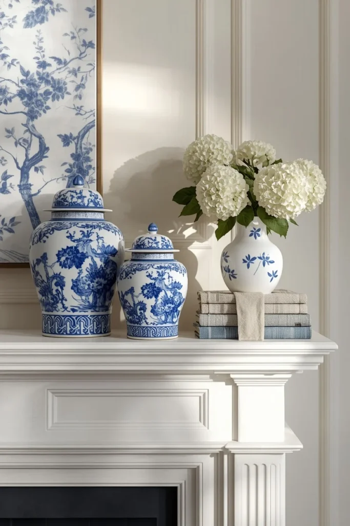 fireplace mantel, featuring staggered blue and white chinoiserie ginger jars