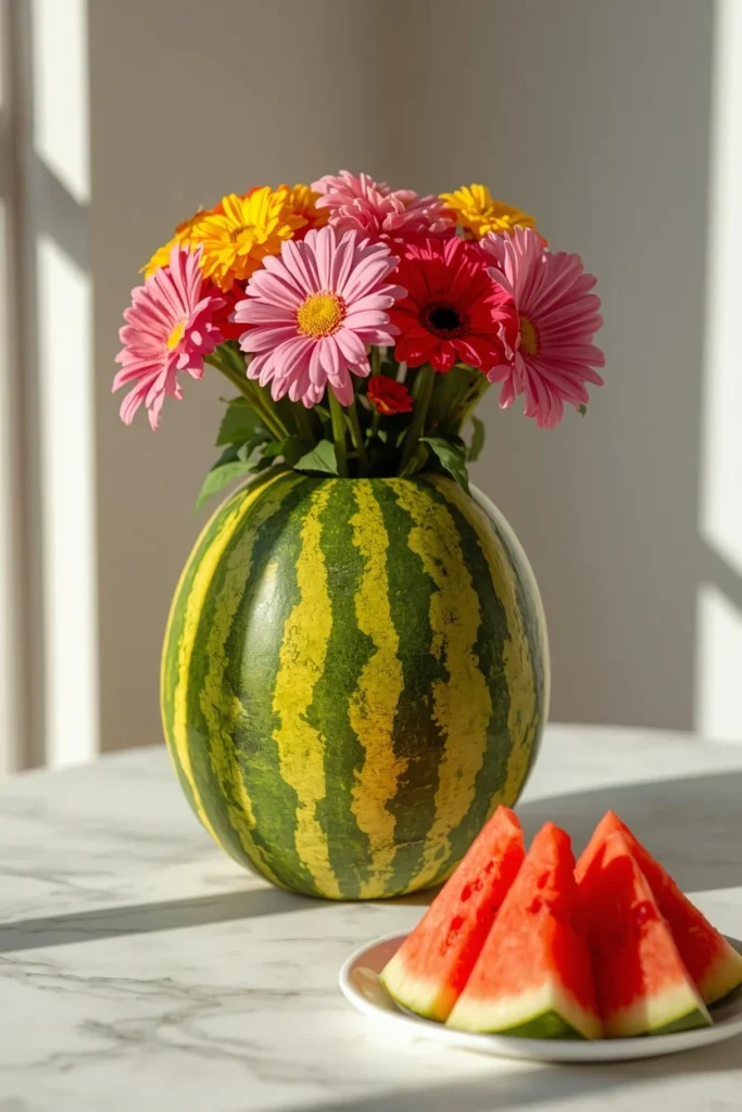 hollowed watermelon used as a vase