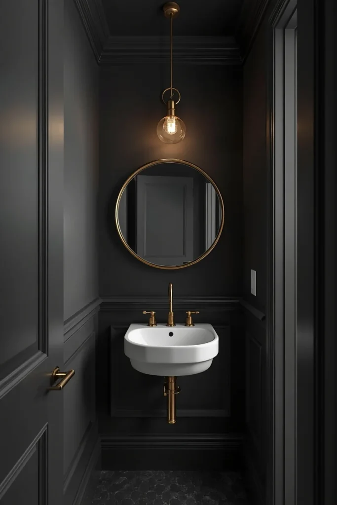  tiny powder room, featuring walls, trim, and ceiling painted the same deep charcoal color,