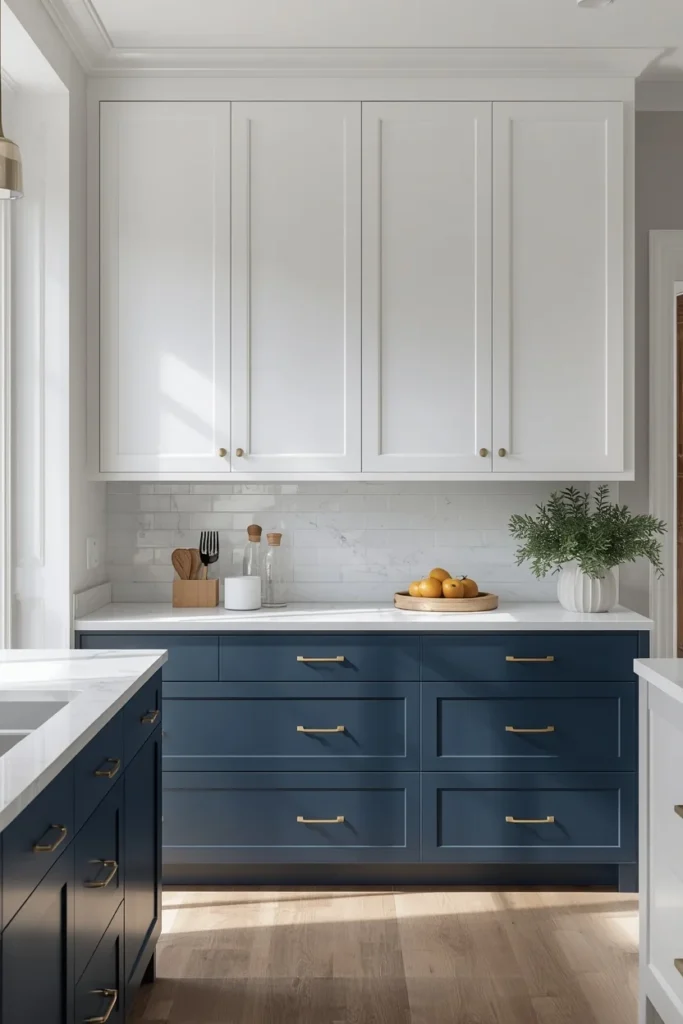  kitchen, featuring crisp white upper cabinets and deep navy blue lower cabinets, 