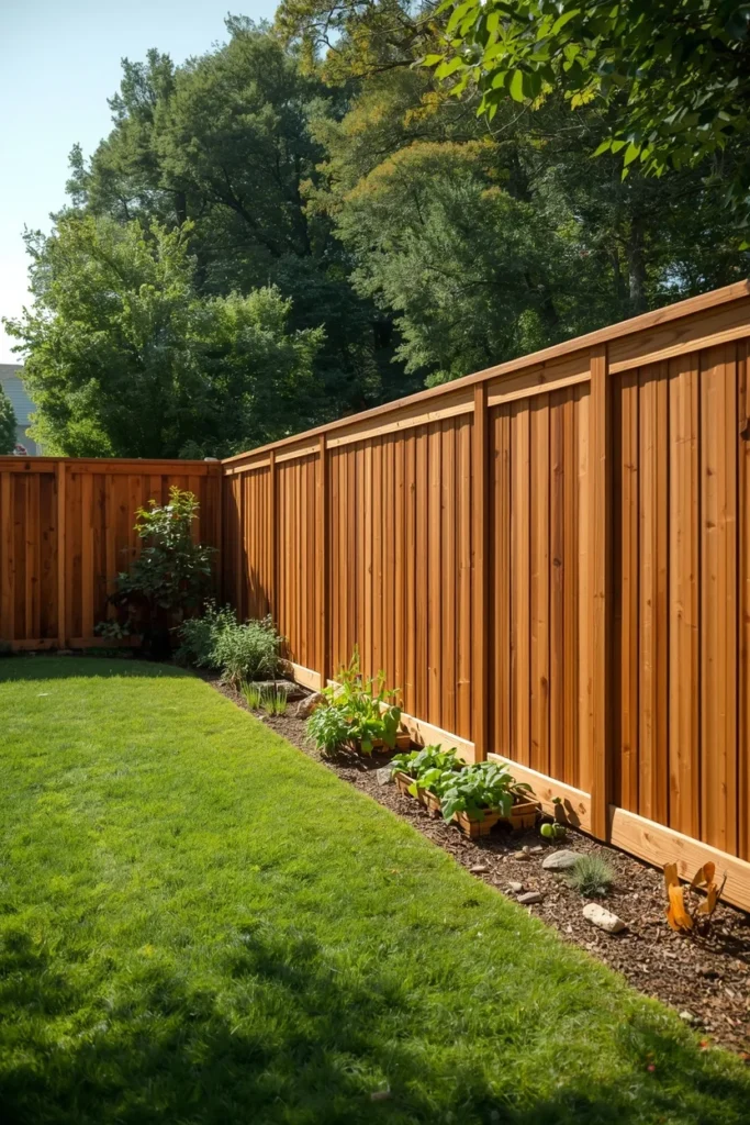 suburban backyard exterior, featuring a stained cedar board-on-board privacy fence