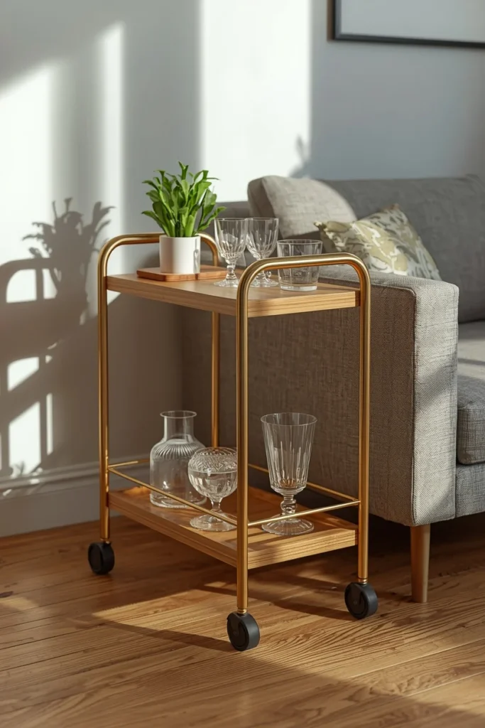 25 Apartment Living Room Ideas That Are Stylish, Smart and Totally Renter-Safe 21 apartment living room, featuring a rolling bar cart