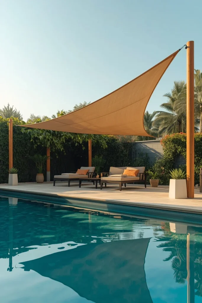  backyard pool, featuring a triangular shade sail canopy