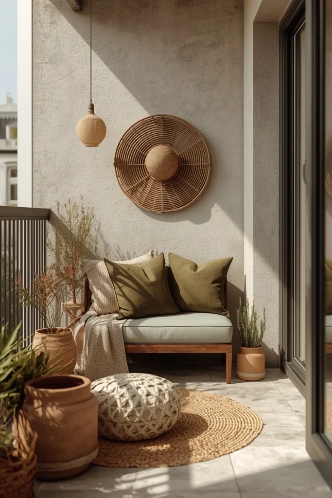 25 Balcony Ideas That Turn Even the Smallest Outdoor Space Into a Retreat 21 small balcony, featuring an earth-tone styling vignette with olive green cushions