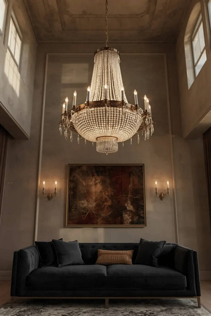 living room, featuring a black sofa beneath an oversized brass and crystal chandelier,