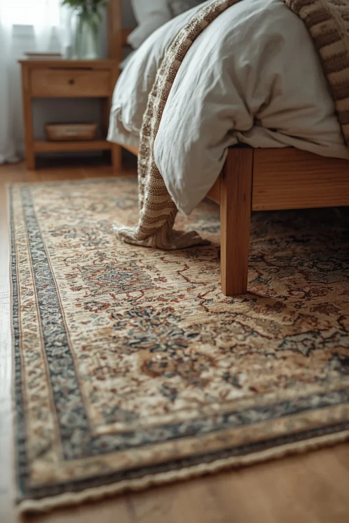 bedroom detail shot, featuring a faded vintage-style