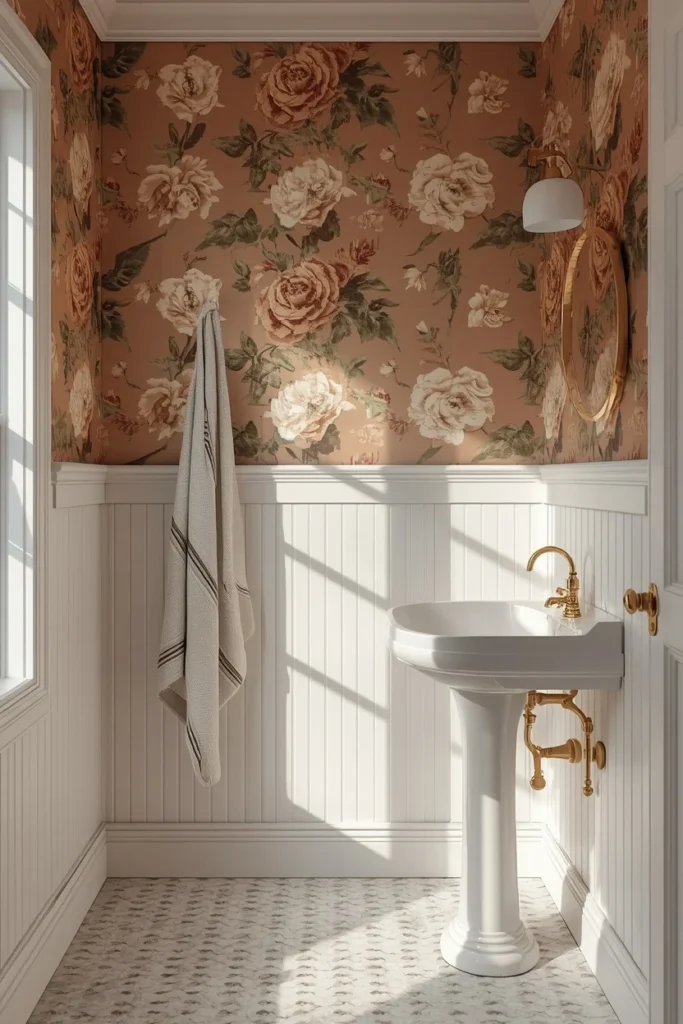  bathroom, featuring bold floral wallpaper 