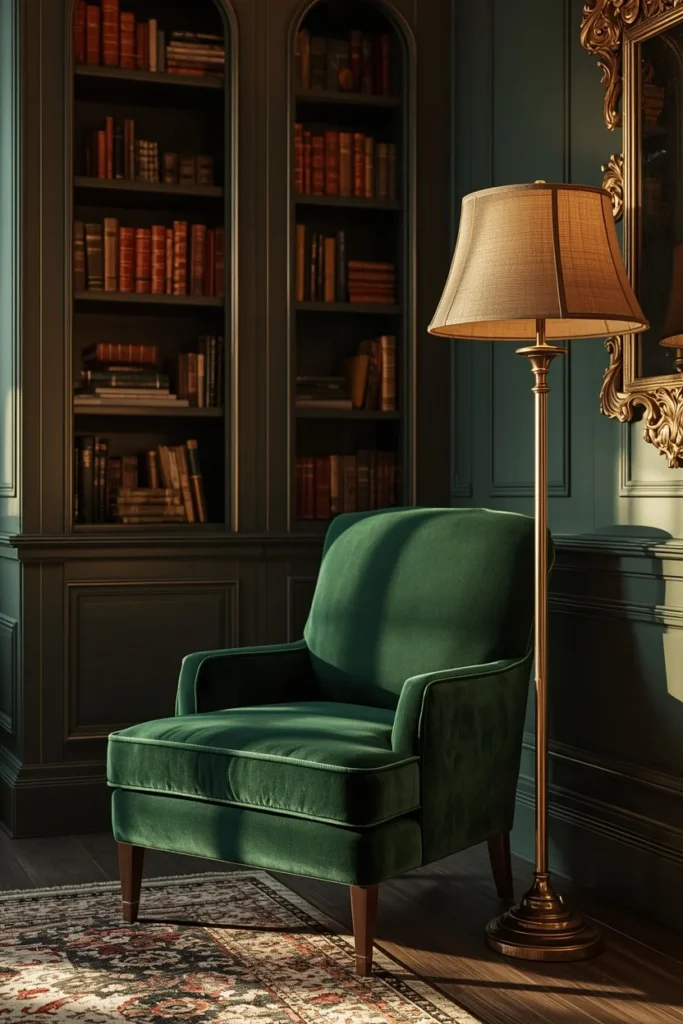 24 Dream Home Library Ideas That Are So Beautiful They'll Take Your Breath Away 21 home library, featuring a deep emerald velvet armchair