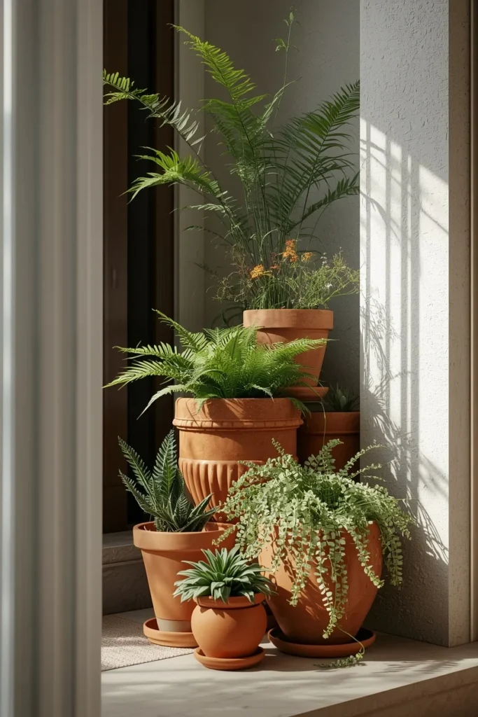 22 Front Porch Flower Ideas That Make Your Home's Entrance Bloom Beautifully 21 cluster of varied-height terracotta pots grouped in a porch corner