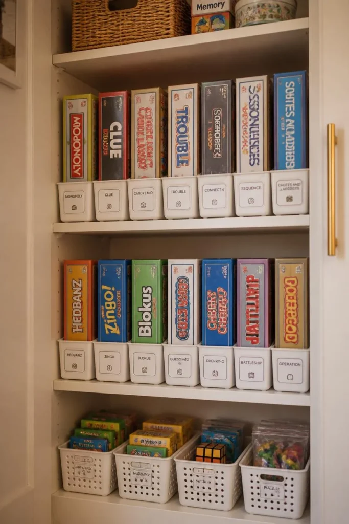  playroom storage closet, featuring board games