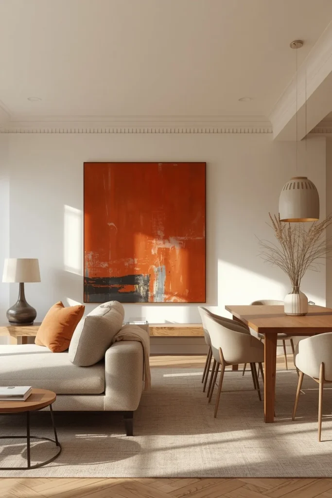 20 Genius Ways to Connect Your Living & Dining Room Seamlessly & Stylishly 21 open concept living dining room, featuring one oversized abstract art piece