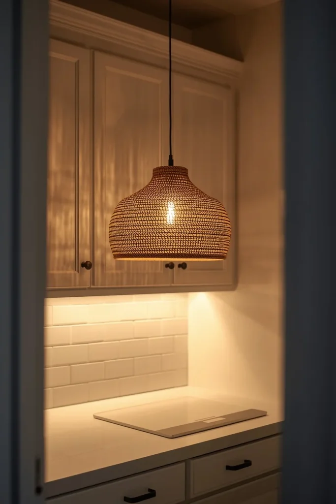 23 Laundry Room Design Ideas That Turn a Chore Space Into a Design Feature 21 laundry room lighting, featuring a woven rattan pendant light