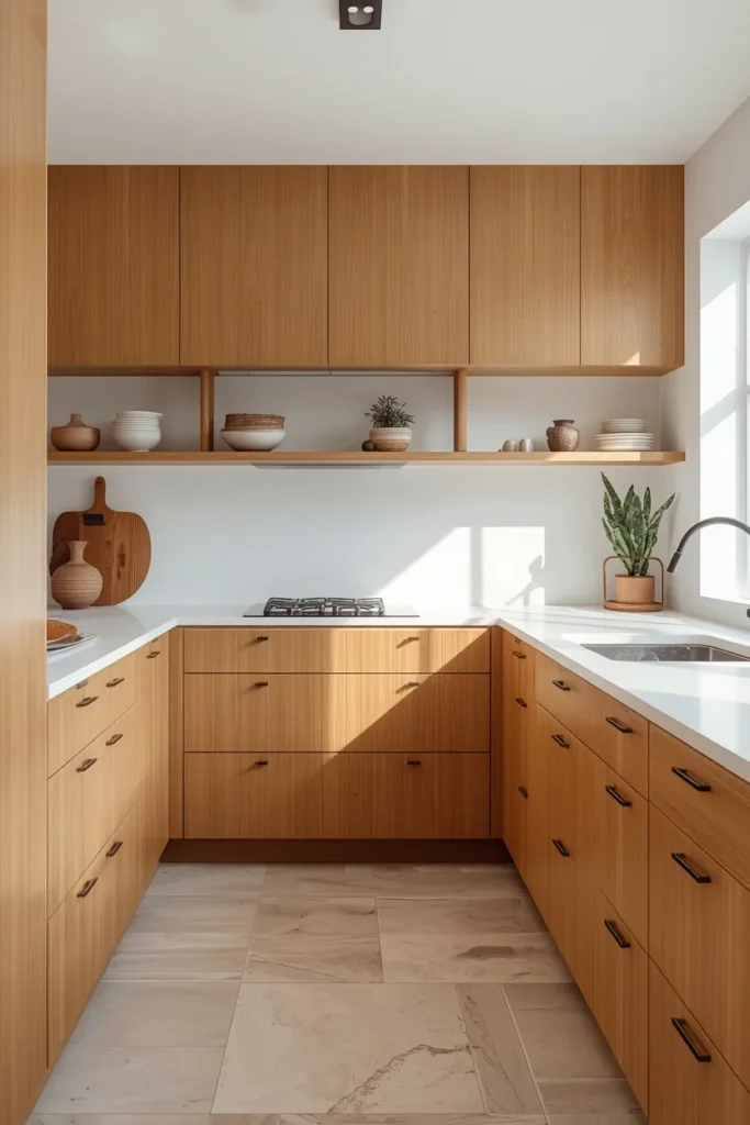 22 Mid Century Modern Kitchen Designs That Are Timeless & Stunning 20 modern kitchen, featuring light golden teak cabinetry