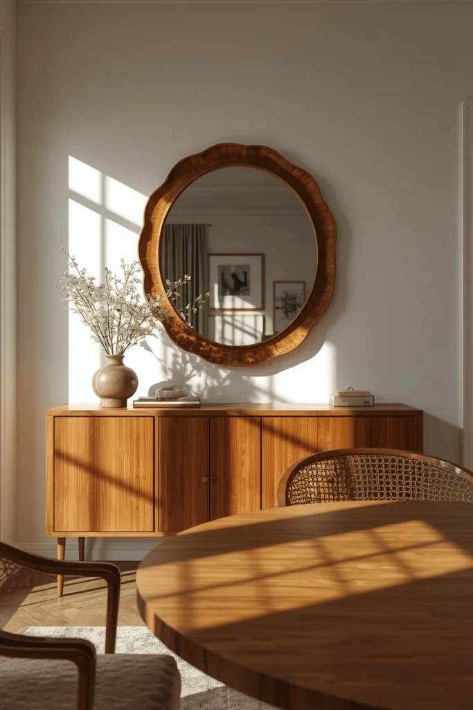 25 Modern Dining Room Ideas That Are Chic, Sleek & Totally Pin-Worthy 21 dining room, featuring an oversized organic-shaped mirror