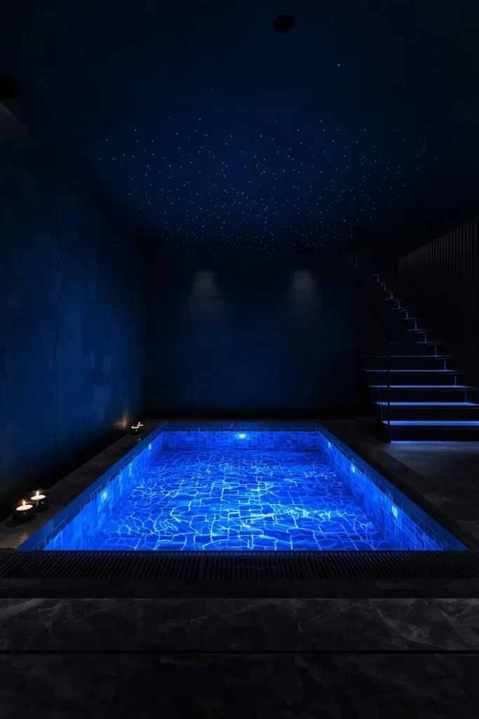 dark indoor pool room designed for night use,
