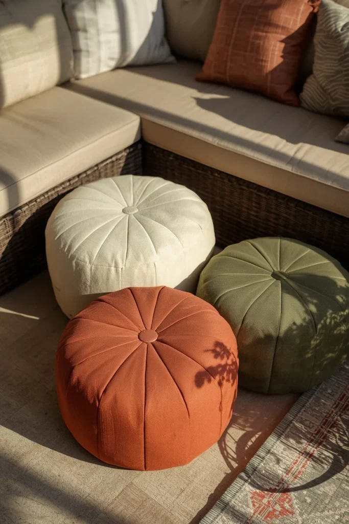 24 Outdoor Patio Furniture Ideas That Are Stylish, Comfy & Weather-Ready 21 patio lounge corner, featuring three round weather-resistant outdoor poufs