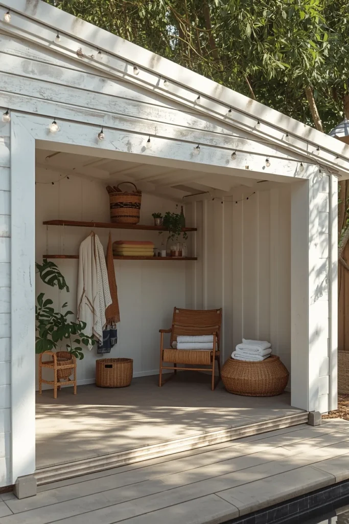 21 Pool House Ideas That Make Your Backyard Feel Like a Luxury Resort 21 backyard shed converted into a pool house, featuring fresh white paint,
