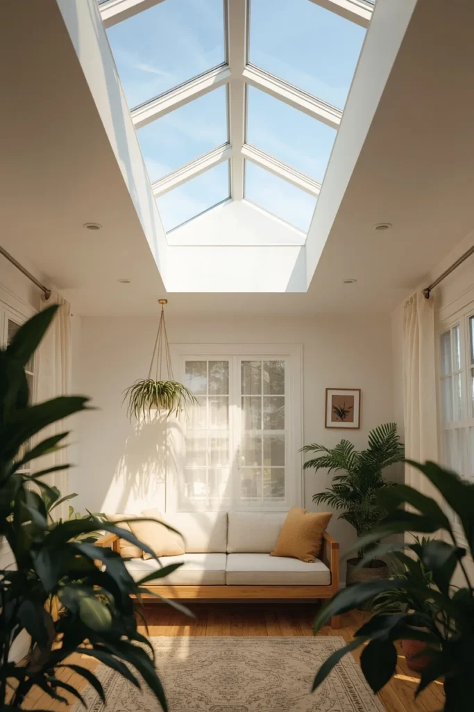 she shed interior with a skylight, featuring soft overhead daylight 