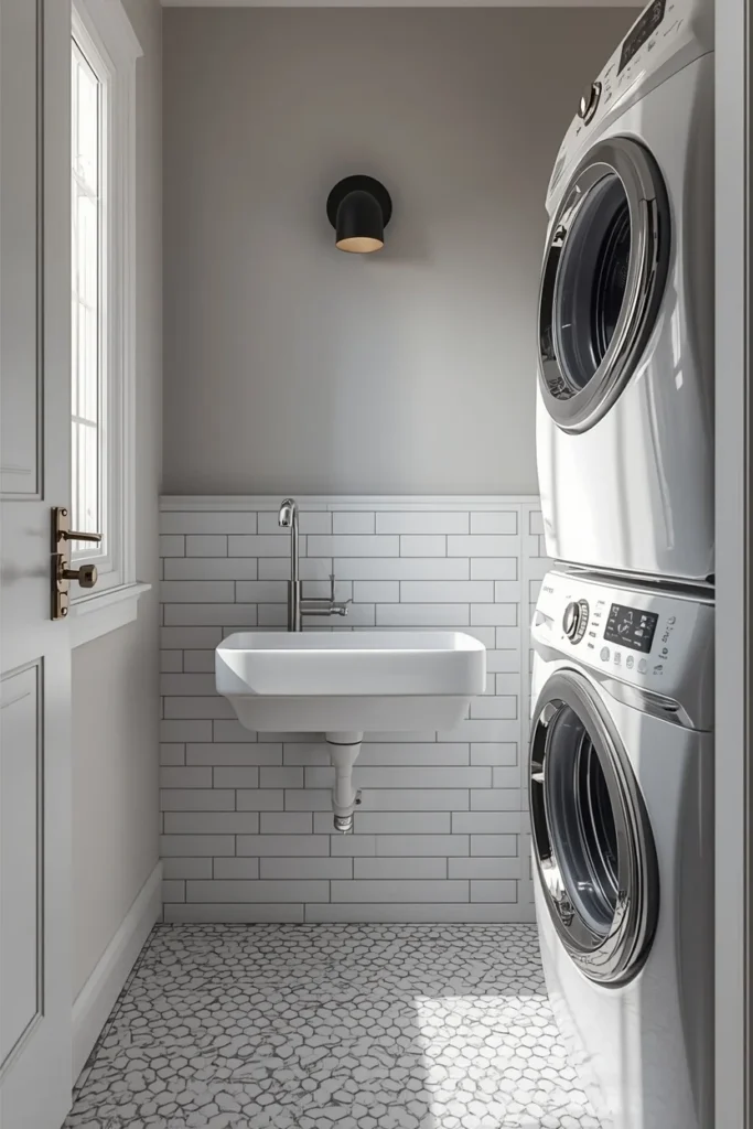 21 Small Laundry Room Ideas That Pack Function & Style Into Every Inch 21 small laundry room, featuring a low tiled pet wash basin in one corner,