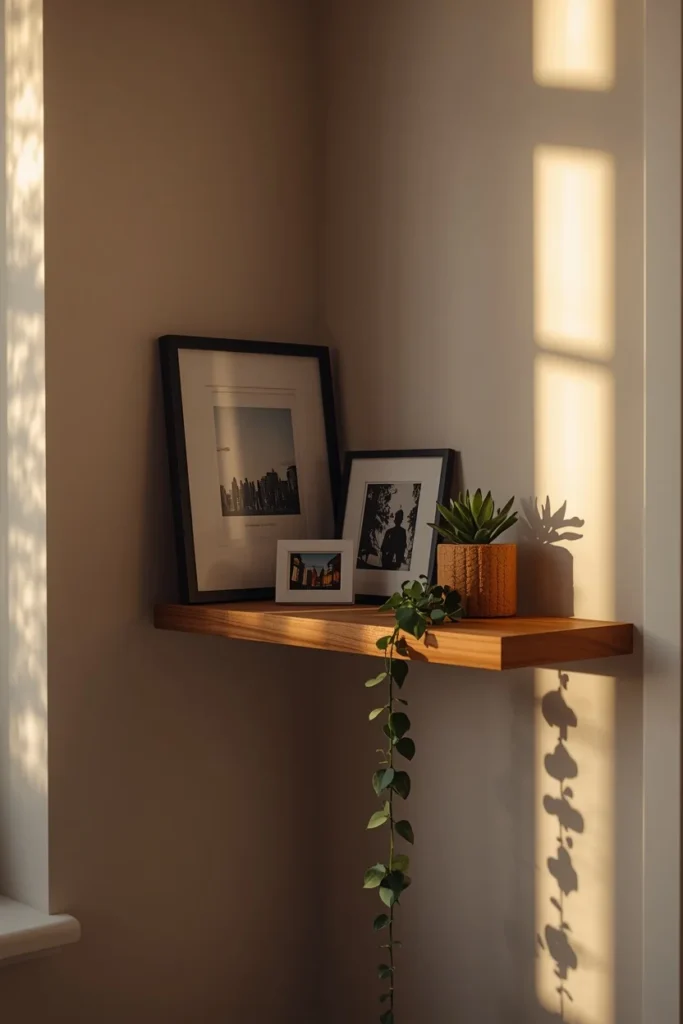 studio apartment corner, featuring a floating wood shelf 
