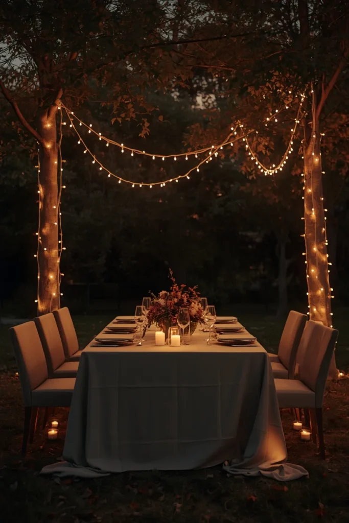 outdoor dining table at golden hour, featuring warm white string lights