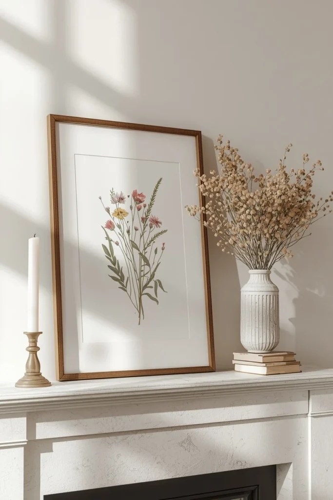 fireplace mantel, featuring a framed wildflower print