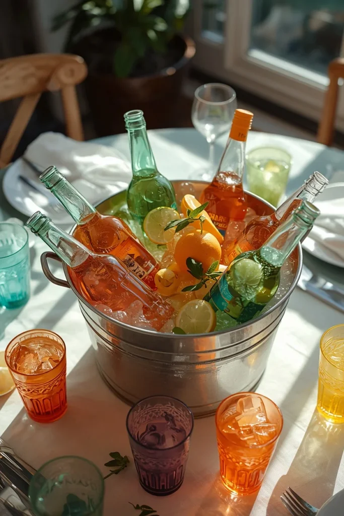  summer table centerpiece featuring a metal tub filled with ice,