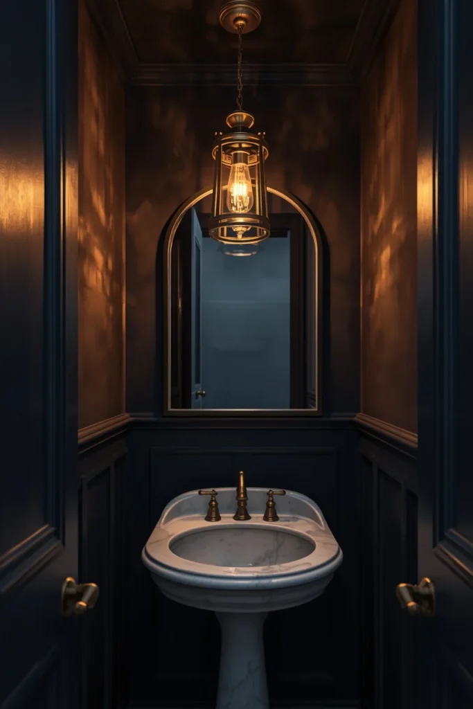  tiny powder room, featuring a small brass lantern-style chandelier 