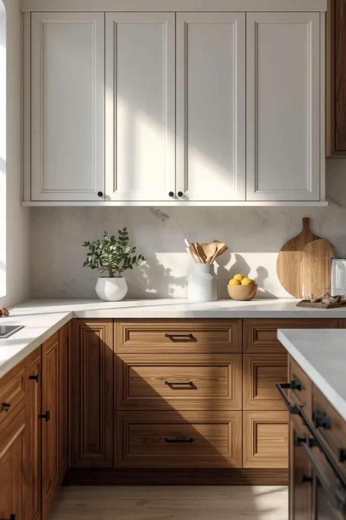 kitchen, featuring painted warm white shaker upper cabinets and natural walnut wood lower cabinets, 
